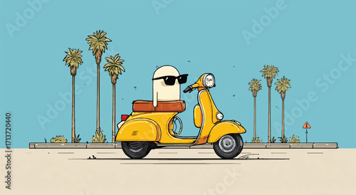 Cartoon character riding a yellow scooter with palm trees against a clear blue summer sky backdrop