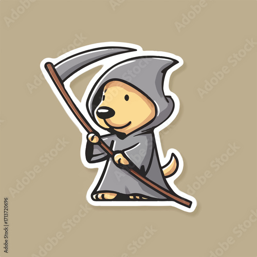 Cartoon dog dressed as grim reaper with scythe against tan background creates whimsical image