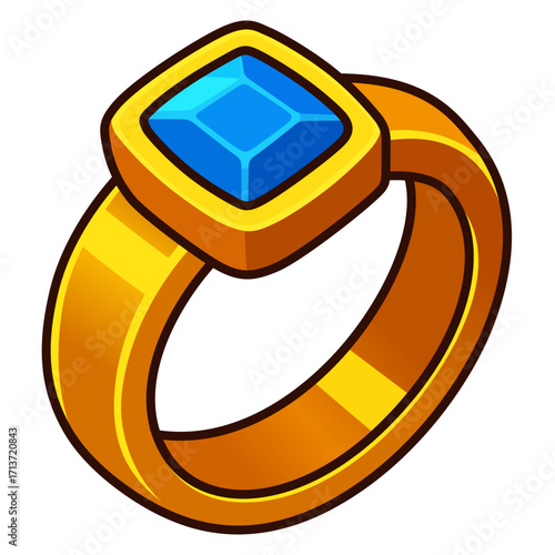 Square Gem Ring Icon – Fantasy Golden Jewelry with Blue Crystal