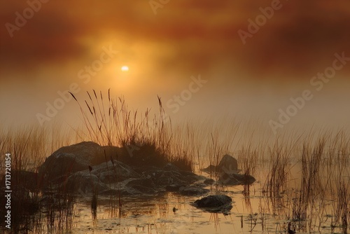 Misty sunrise over still water, grasses and rocks