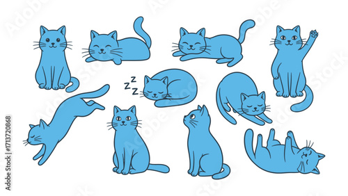 Playful Cats: A charming illustration showcases adorable blue cats in various playful poses, embodying the spirit of curiosity and joyful energy.
