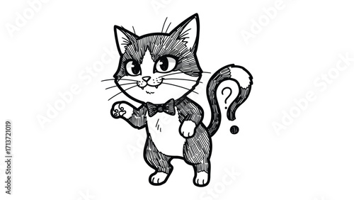 Curious Cat: A whimsical illustration of a tuxedo cat with a playful bow tie and a quizzical expression, suggesting a sense of curiosity and wonder.
