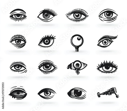 Collection of artistic eye illustrations in various styles representing vision perception and conceptual symbolism on white