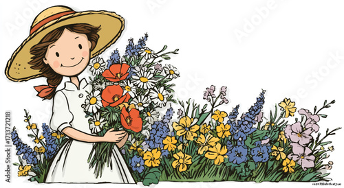 Cartoon girl in sun hat holding a bouquet of flowers illustration for spring or summer time concept