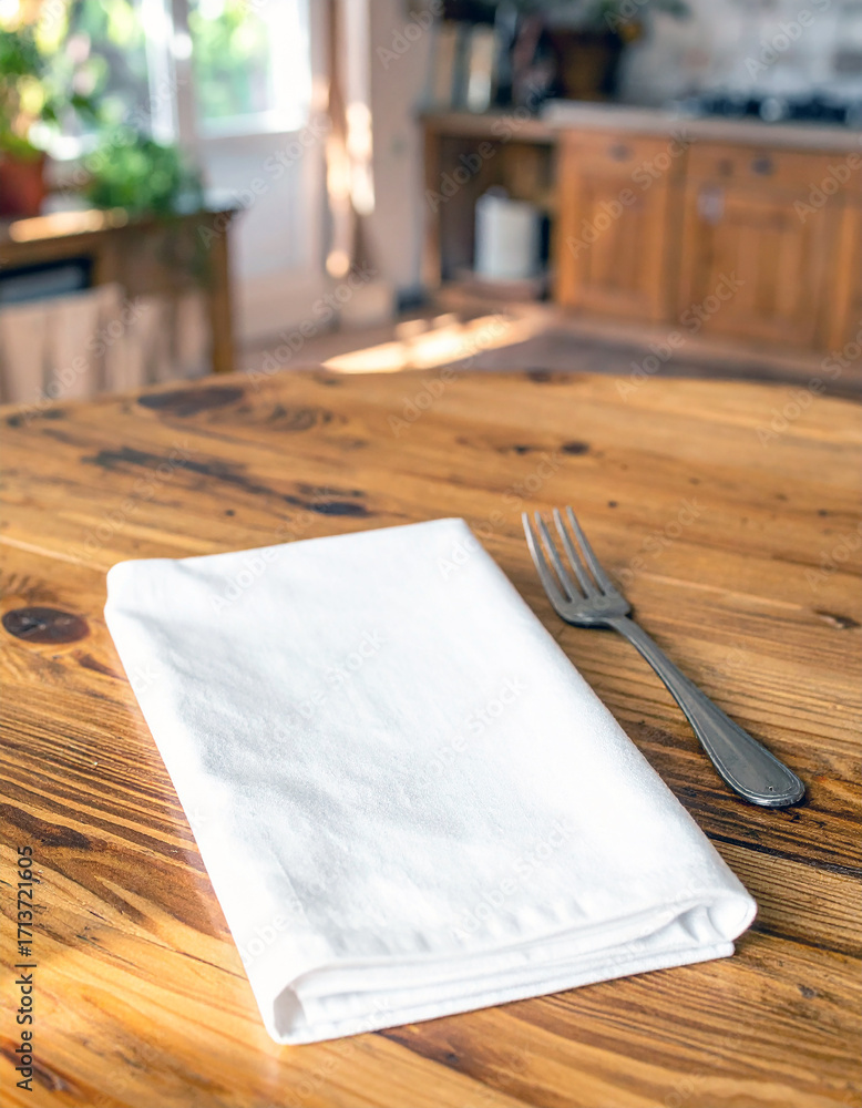 Fototapeta premium Table Setting: A meticulously arranged table setting, featuring a crisp folded napkin and a polished fork, ready for a fine dining experience in a cozy kitchen.
