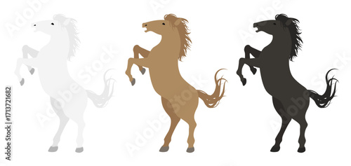3色の馬のシルエットイラストセット（白・茶・黒）