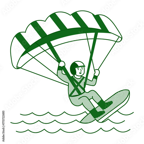 Sketchy style illustration showing a character doing kiteboarding 