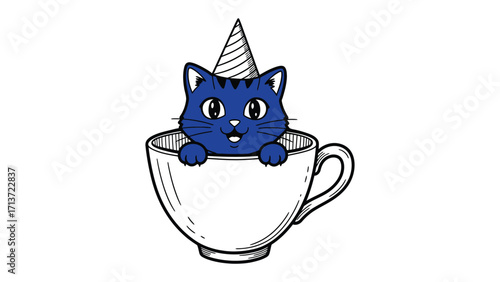 Cat in a teacup Illustration: Adorable blue cat wearing a party hat, nestled inside a simple teacup. The illustration emanates joy and lightheartedness, perfectly suitable for projects promoting fun.