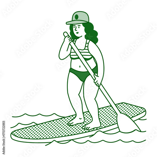 Hand drawn style illustration showing a character doing paddleboarding 

