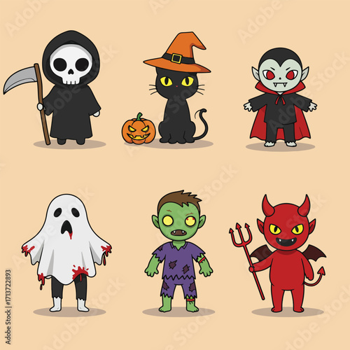 Cute Cartoon Halloween Monster Character Collection.