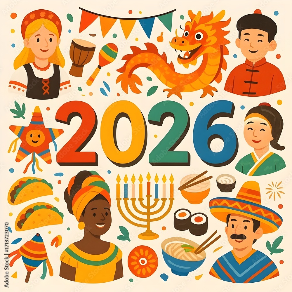 Fototapeta premium Multi-cultural celebration icons with 2026.