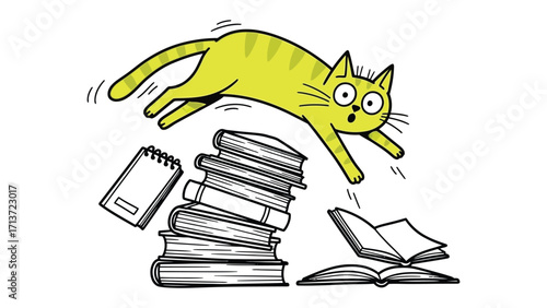 Whimsical Cat's Bookish Leap: A playful illustration of a bright yellow cat leaping mid-air above a stack of books, with scattered pages and a notebook.