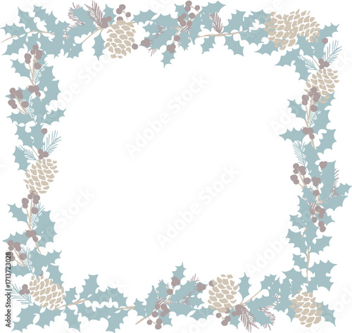 ヒイラギのベクターイラスト。クリスマスリースと松ぼっくりのフレーム。クリスマスの装飾ベクターフレーム。Holly illustration. Christmas wreath and pine cone frame. Christmas decoration frame
