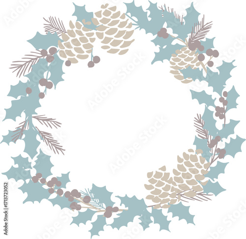 ヒイラギのベクターイラスト。クリスマスリースと松ぼっくりのフレーム。クリスマスの装飾ベクターフレーム。Holly illustration. Christmas wreath and pine cone frame. Christmas decoration frame