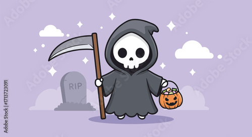 Cute Grim Reaper Character with Scythe and Pumpkin Bucket for Halloween.