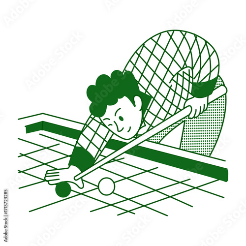 Hand drawn style illustration showing a snooker player taking shot
