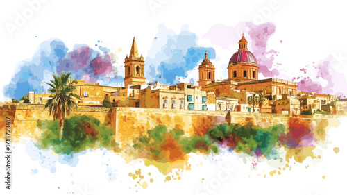 Mdina Old Town. Mdina Old Town watercolor vector illustration