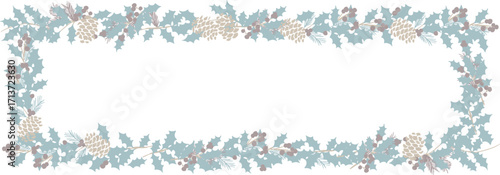 ヒイラギのベクターイラスト。クリスマスリースと松ぼっくりのフレーム。クリスマスの装飾ベクターフレーム。Holly illustration. Christmas wreath and pine cone frame. Christmas decoration frame