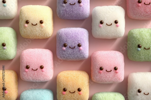 Pastel-colored square treats with cute faces arranged on a pink background