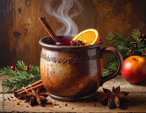 A rustic, earthenware mug filled with steaming mulled wine, garnished with cinnamon sticks, orange slices, and star anise, sits on a wooden surface, surrounded by sprigs of pine and a red , creating