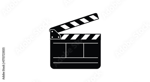 A simple black and white illustration of an open film clapperboard