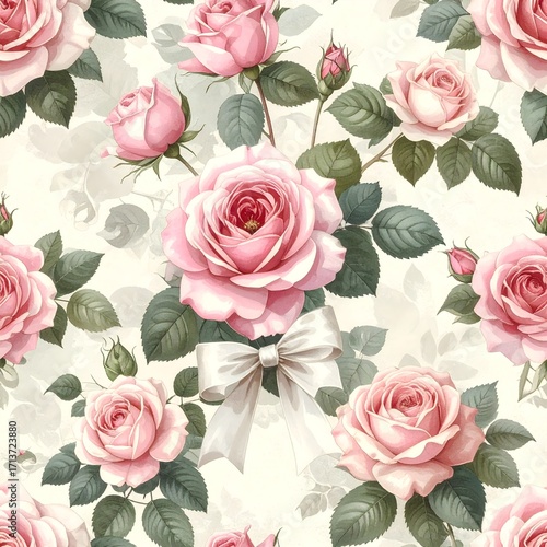 Seamless floral pattern with pink roses and white bows, vintage wallpaper style