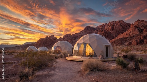 Desert Dome Retreat - Fiery Sunset over Geodesic Glamping.