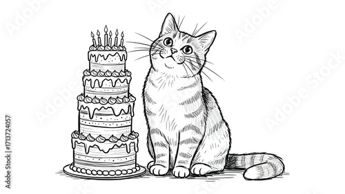Celebratory Feline: An endearing sketch captures a cute tabby cat gazing fondly at an elaborate multi-tiered birthday cake with lit candles, evoking a sense of joy and anticipation.
