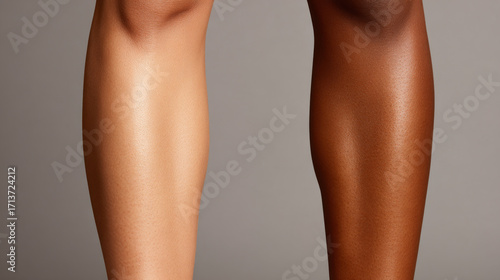 Tan beige legs with smooth skin texture and natural tone contrast on neutral background