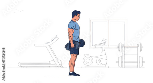 Strong athletic man lifting heavy dumbbells in modern home gym, building muscle and staying fit lifestyle