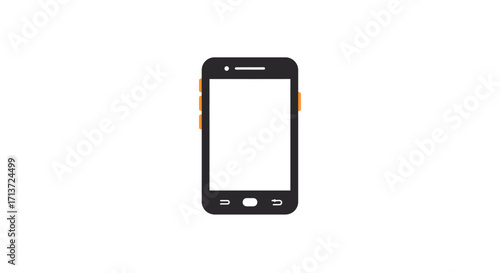 A black smartphone with a white screen and orange buttons on the side, isolated on a white background.
