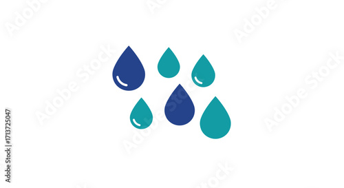 Stylized blue and teal water droplets falling on a white background, representing liquid, rain, or a clean fluid concept.