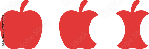 apple, red, whole, bitten, core, fruit, food, progression, stages, consumption, healthy, eating, graphic, symbol, design, simple, minimalist, vector, illustration, set, sequence, lifecycle, natural, o