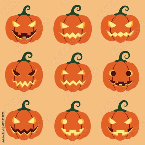 Nine Halloween Jack-o-Lantern Faces.