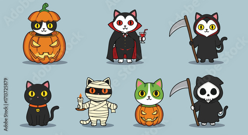 Set of Cute Cartoon Cats in Halloween Costumes.