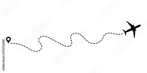 Airplane line path icon of air plane flight route dash line trace with start point. Simple airplane travel line path with map pins. Plane routes dotted paths
