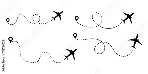 Airplane line path icon of air plane flight route dash line trace with start point. Simple airplane travel line path with map pins. Plane routes dotted paths