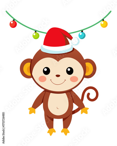Cute cartoon monkey wearing santa hat with christmas lights