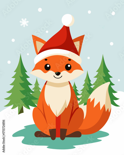 Cute cartoon fox wearing a santa hat in a snowy forest