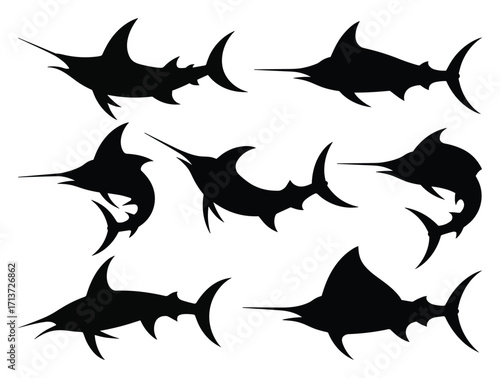 Set of swordfish silhouettes. isolated vector on white background.