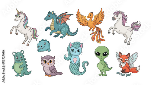 Whimsical Menagerie: A delightful illustration showcasing a collection of fantastical creatures, each exuding a unique charm and imaginative spirit. 