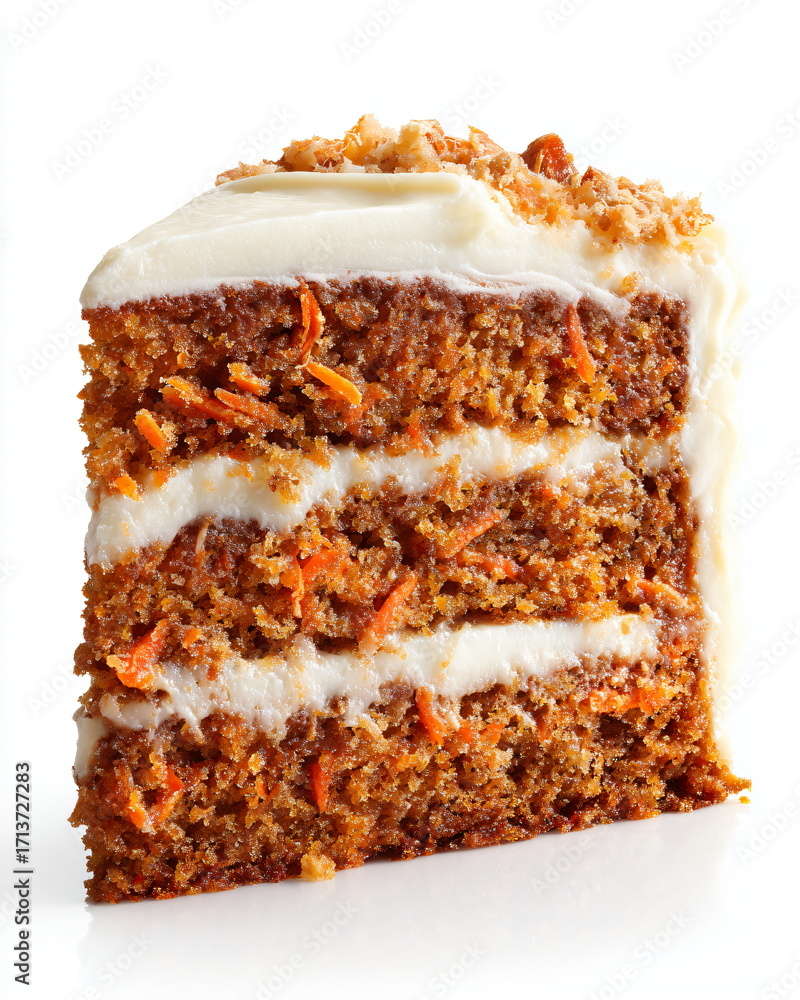 Fototapeta premium carrot cake slice with cream cheese frosting, isolated on white background