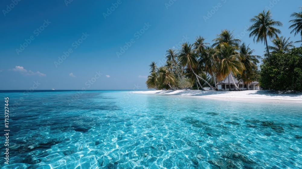 Naklejka premium Azure Ocean Meets Sandy Shoreline Tropical Beach Paradise