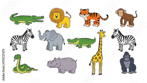 Friendly Safari Animals: A vibrant array of illustrated safari creatures, each a unique character, poses, ready to ignite the imaginations of young adventurers and inspire educational content.