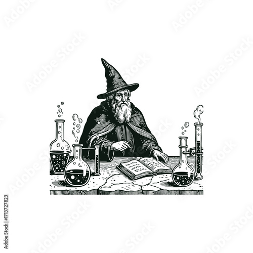 engraving style illustration featuring a medieval alchemist or wizard with a long beard and conical hat, working at a stone table