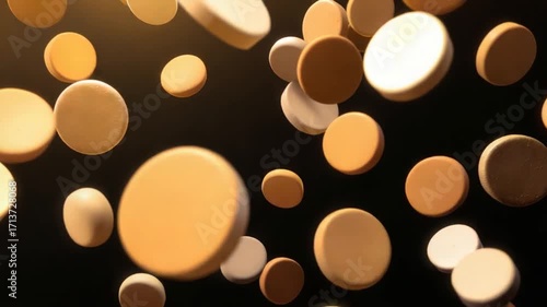 Pills on Display: A captivating display of beige-colored pills floating in mid-air against a dark backdrop, exuding a sense of modern pharmaceutical research.