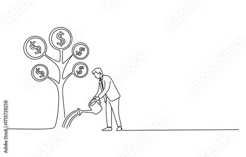 Simple line art depicts a figure tending to a tree bearing currency symbols. This minimalist artwork represents financial growth, investment, and the nurturing of wealth, ideal for business and financ