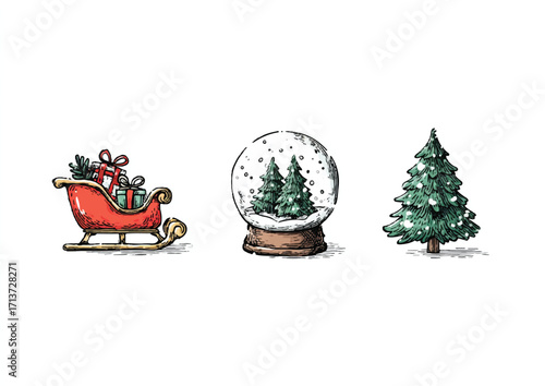 Christmas sleigh with gifts snow globe and fir tree decoration for winter holidays design element