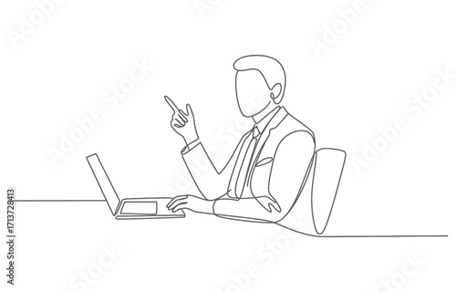A simple single-line drawing captures the joy and achievement of a business professional. This minimalist artwork depicts a person raising arms in triumph, with a laptop open on a desk, conveying vict