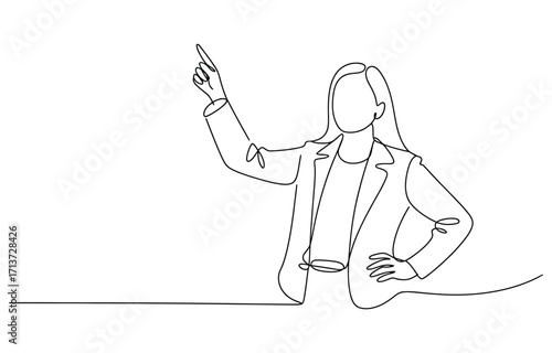 Minimalist line drawing of a businesswoman pointing upwards with confidence and authority vector